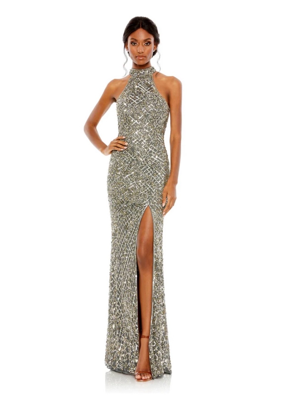 Mac Duggal 4112 platinum Sequin High-Neck Evening Gown with Front Slit NWT 0 - Picture 2 of 11